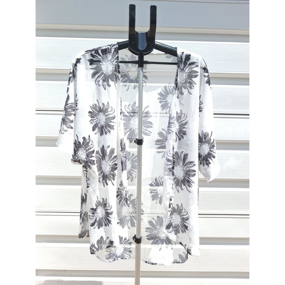 Sheer Short Kimono White Floral Open Cardigan Cover Up